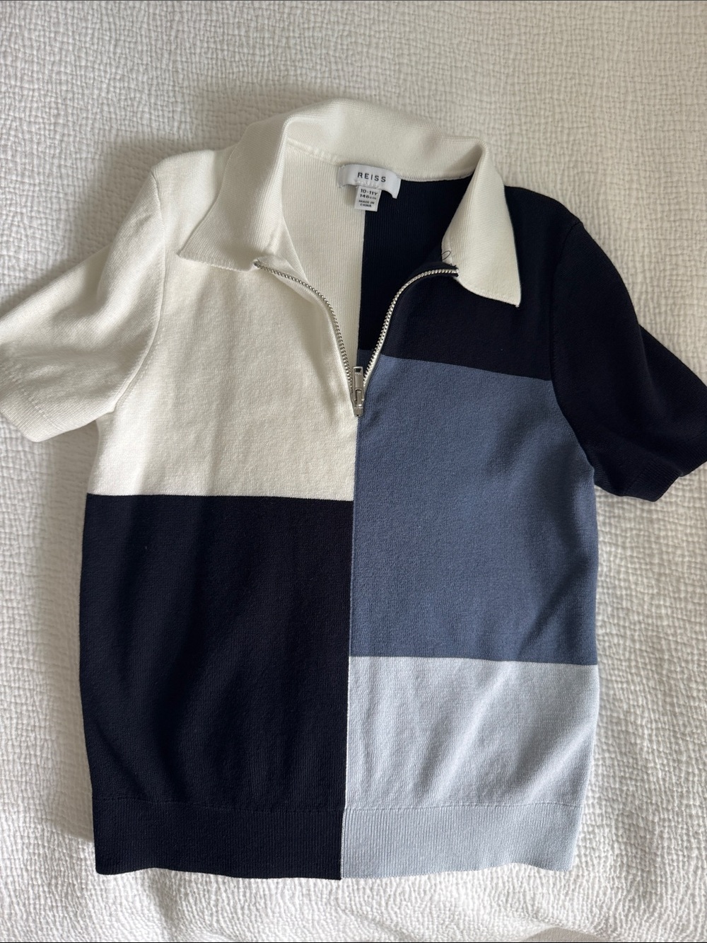 REISS Boys Colorblock Zip Polo Sweater - Black, White, Blue